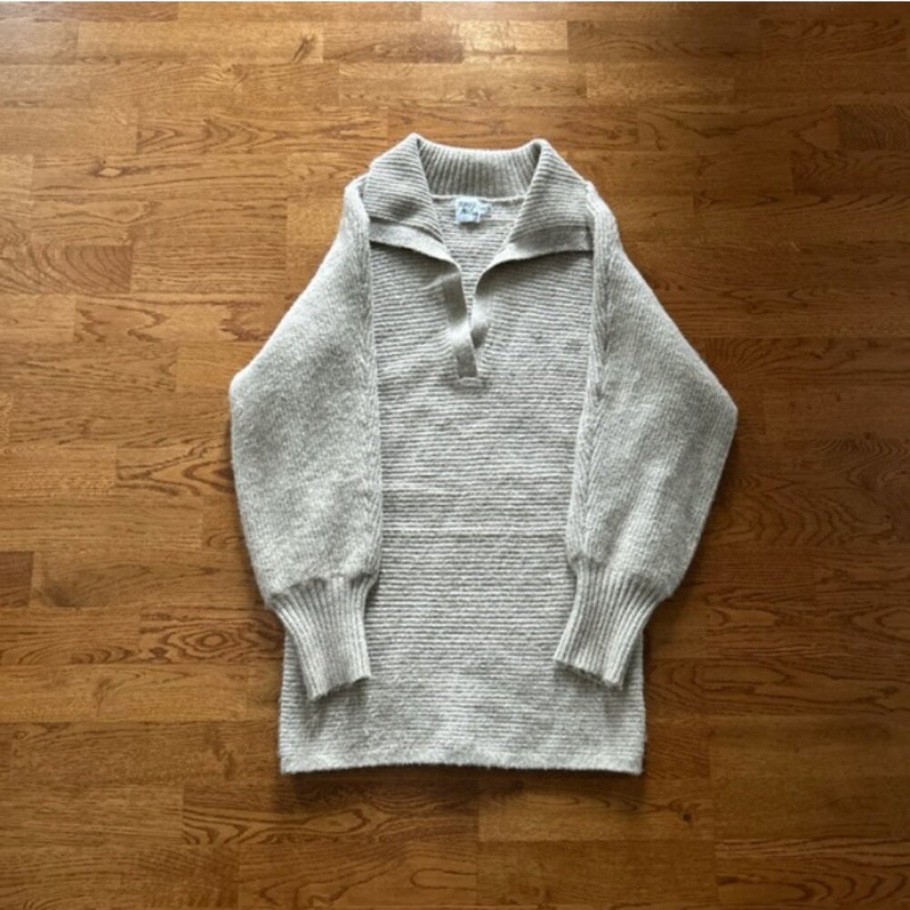 Princess Polly Tiara Long Sleeve Knit Mini Dress Beige Sweater Collar V Neck